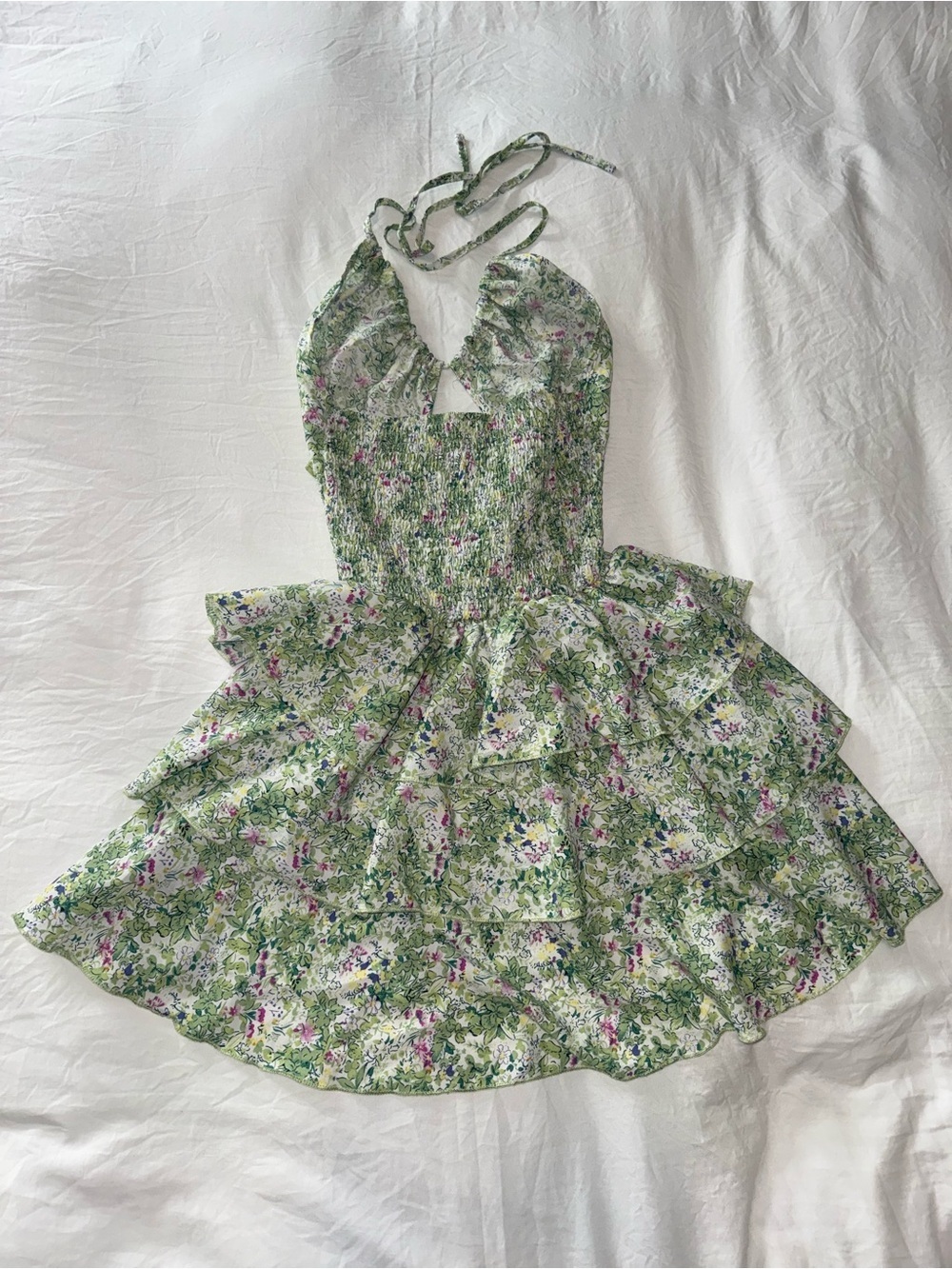 Green Floral Halter Ruffle Dress
